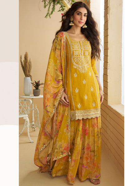 Evanik Women Yellow Chinon Silk Zari Embroidered Sequins Sharara Suit