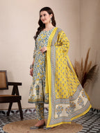 Yufta Yellow And Beige Pure Cotton Floral Print Tiered Kurta Dupatta Set - Distacart