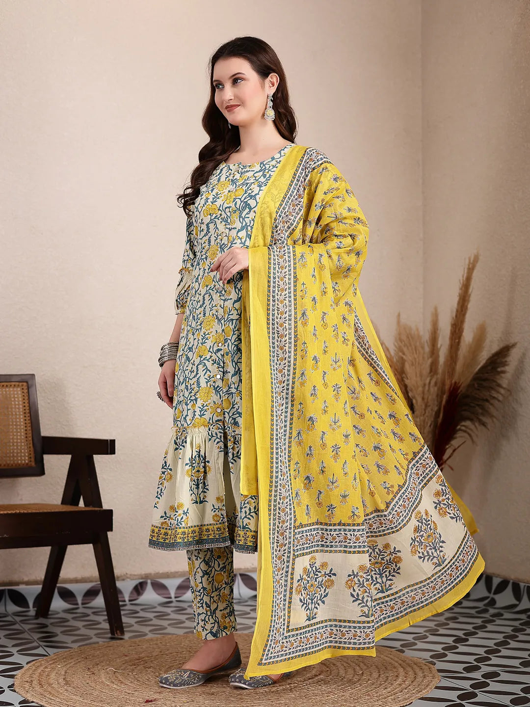 Yufta Yellow And Beige Pure Cotton Floral Print Tiered Kurta Dupatta Set - Distacart