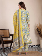 Yufta Yellow And Beige Pure Cotton Floral Print Tiered Kurta Dupatta Set - Distacart
