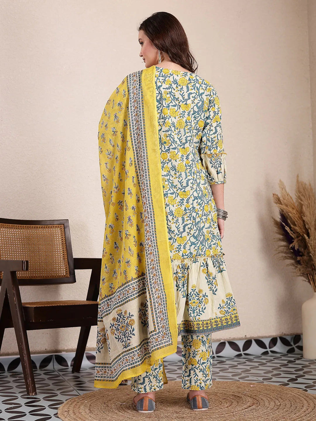 Yufta Yellow And Beige Pure Cotton Floral Print Tiered Kurta Dupatta Set - Distacart