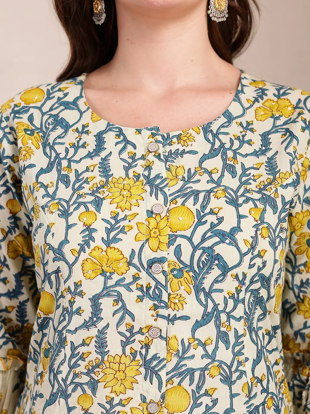 Yufta Yellow And Beige Pure Cotton Floral Print Tiered Kurta Dupatta Set - Distacart