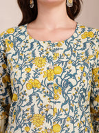 Yufta Yellow And Beige Pure Cotton Floral Print Tiered Kurta Dupatta Set - Distacart