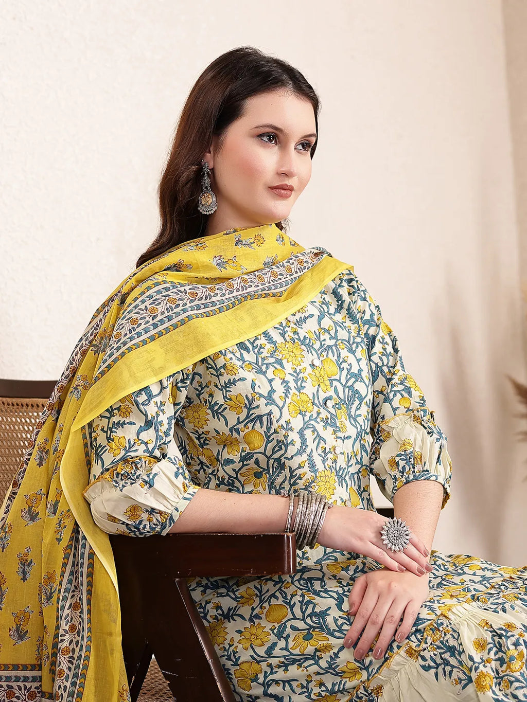 Yufta Yellow And Beige Pure Cotton Floral Print Tiered Kurta Dupatta Set - Distacart