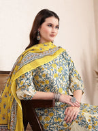 Yufta Yellow And Beige Pure Cotton Floral Print Tiered Kurta Dupatta Set - Distacart