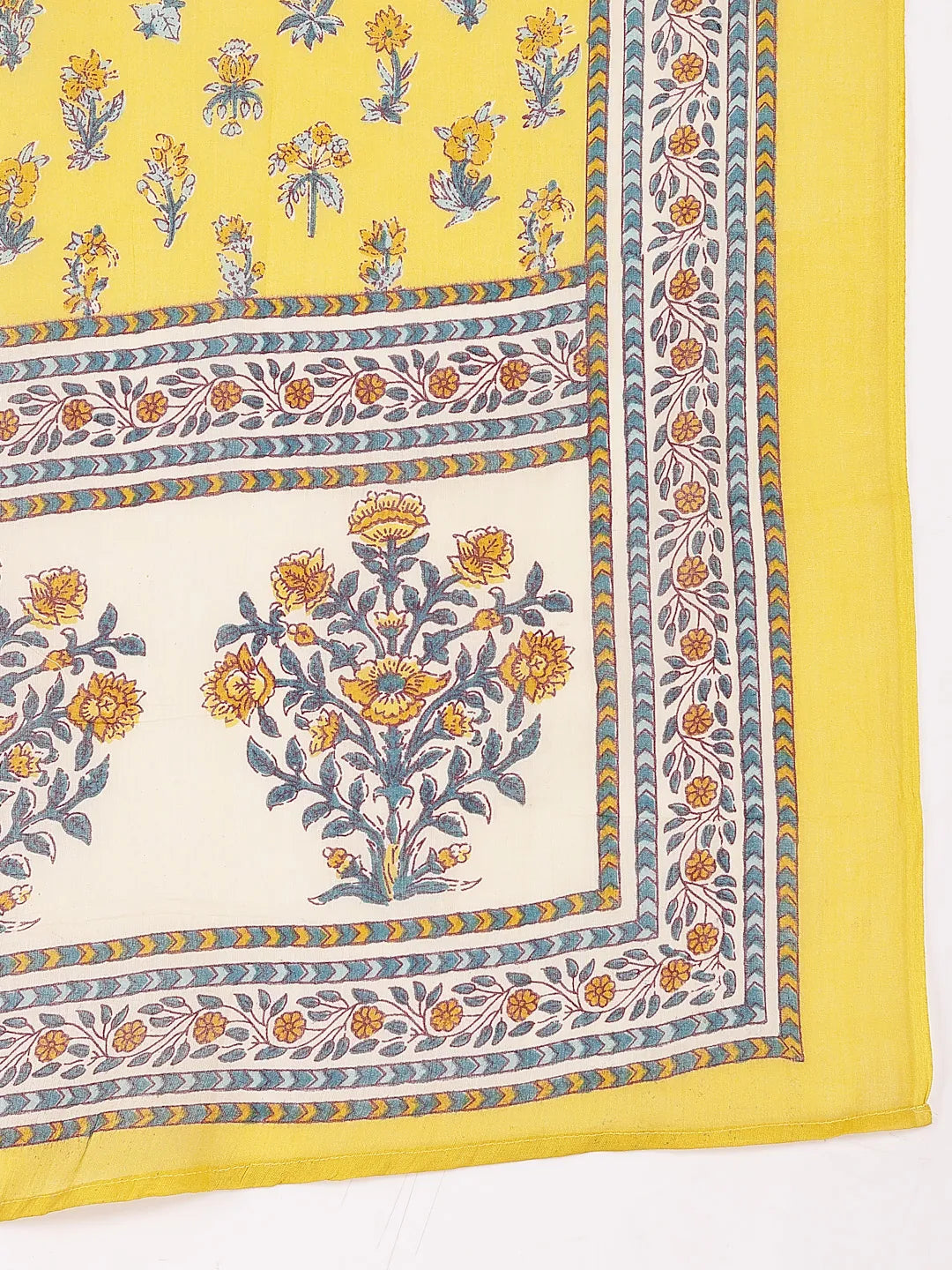 Yufta Yellow And Beige Pure Cotton Floral Print Tiered Kurta Dupatta Set - Distacart