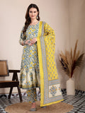 Yufta Yellow And Beige Pure Cotton Floral Print Tiered Kurta Dupatta Set - Distacart