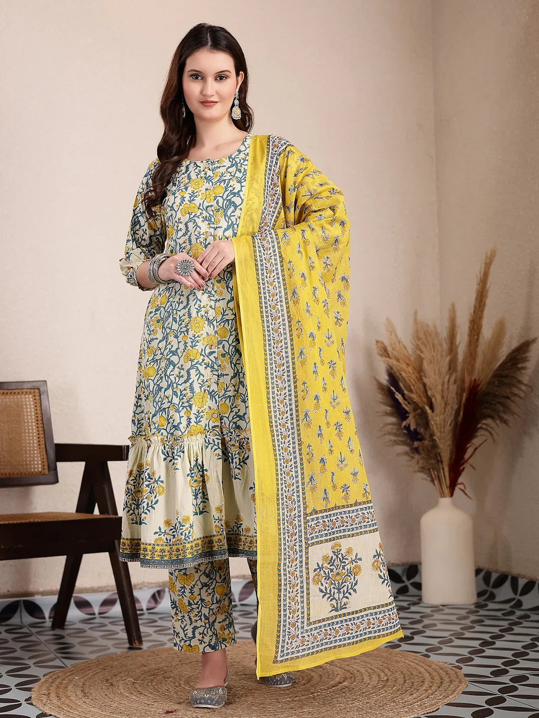 Yufta Yellow And Beige Pure Cotton Floral Print Tiered Kurta Dupatta Set - Distacart