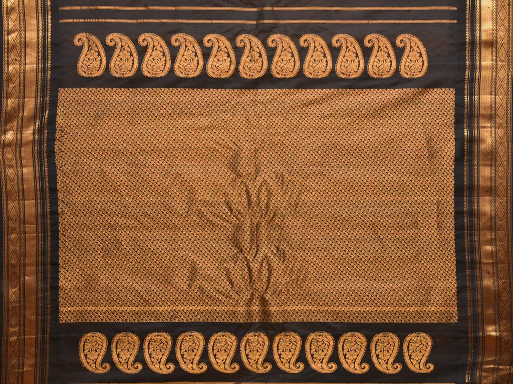 Yellow and Black Gadwal Silk Handloom Saree with Mango Pallu Design - Global Threads