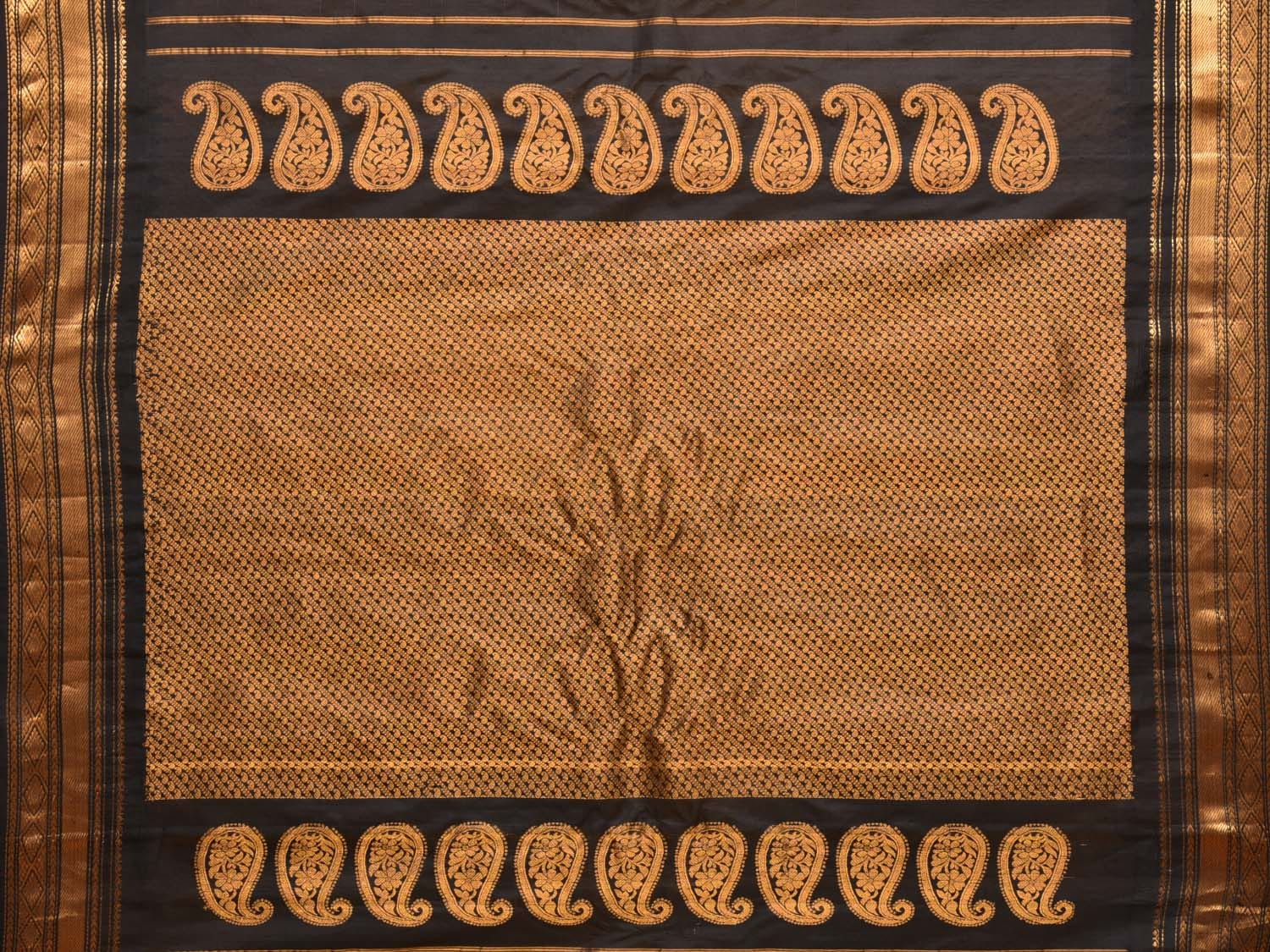 Yellow and Black Gadwal Silk Handloom Saree with Mango Pallu Design - Global Threads