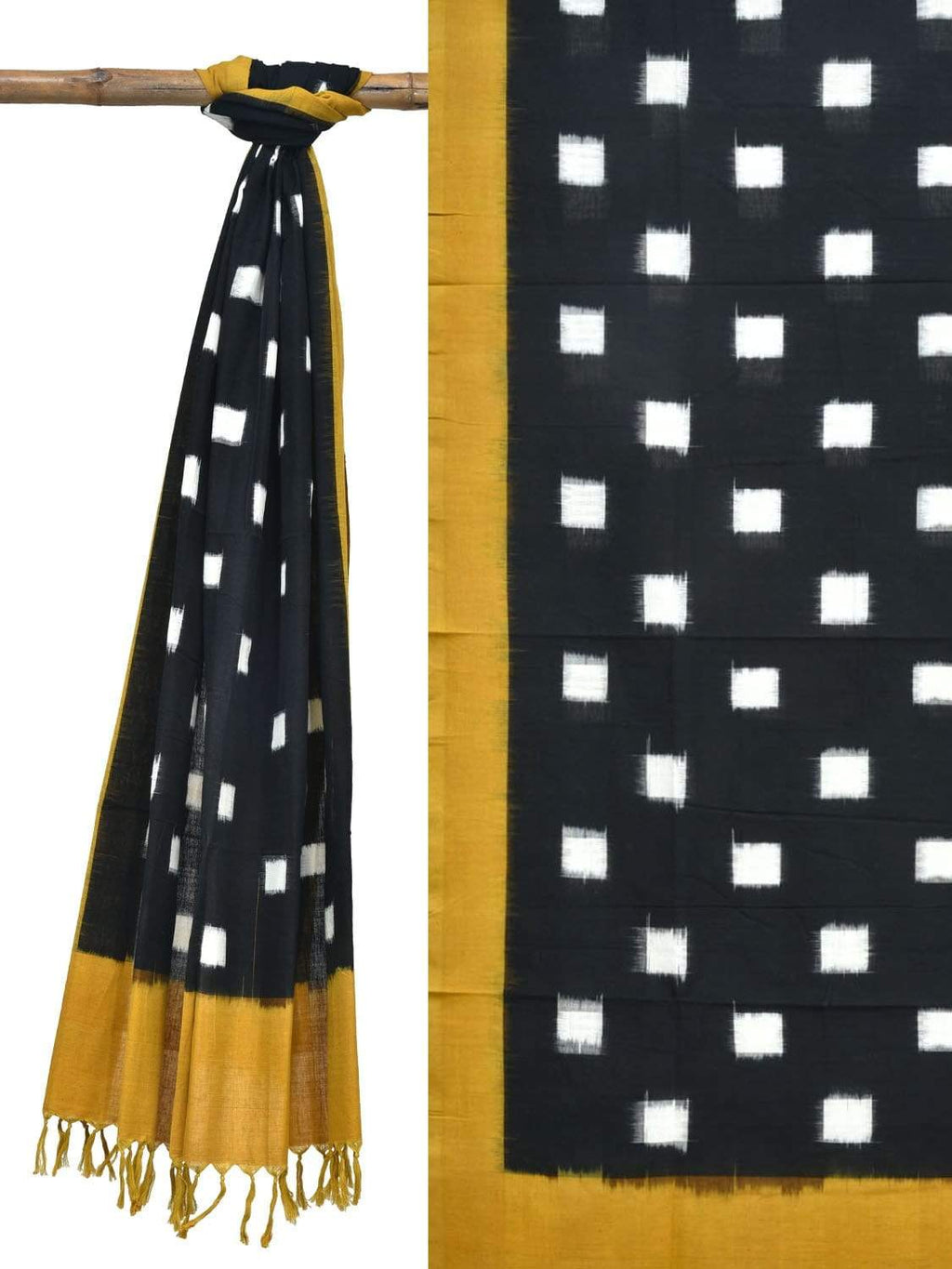 Yellow and Black Pochampally Ikat Cotton Handloom Dupatta with Square Buta Design - Global Threads