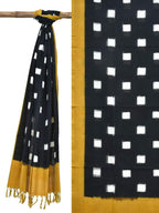 Yellow and Black Pochampally Ikat Cotton Handloom Dupatta with Square Buta Design - Global Threads