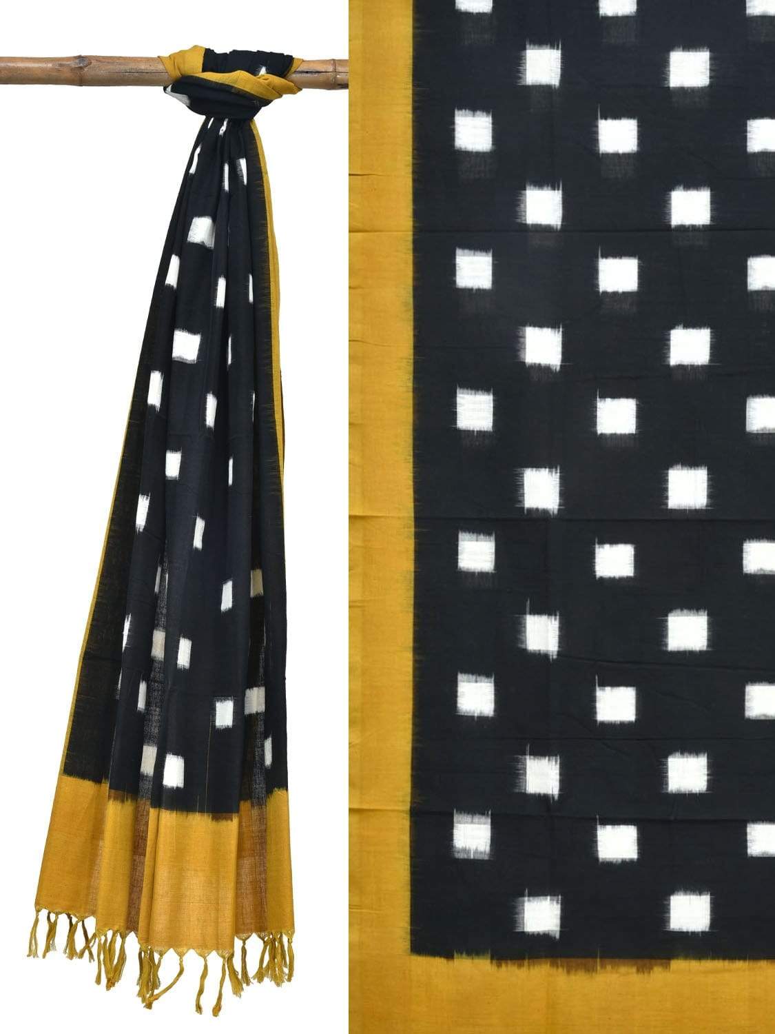 Yellow and Black Pochampally Ikat Cotton Handloom Dupatta with Square Buta Design - Global Threads