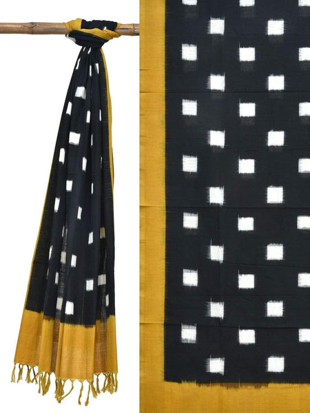 Yellow and Black Pochampally Ikat Cotton Handloom Dupatta with Square Buta Design - Global Threads