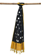 Yellow and Black Pochampally Ikat Cotton Handloom Dupatta with Square Buta Design - Global Threads