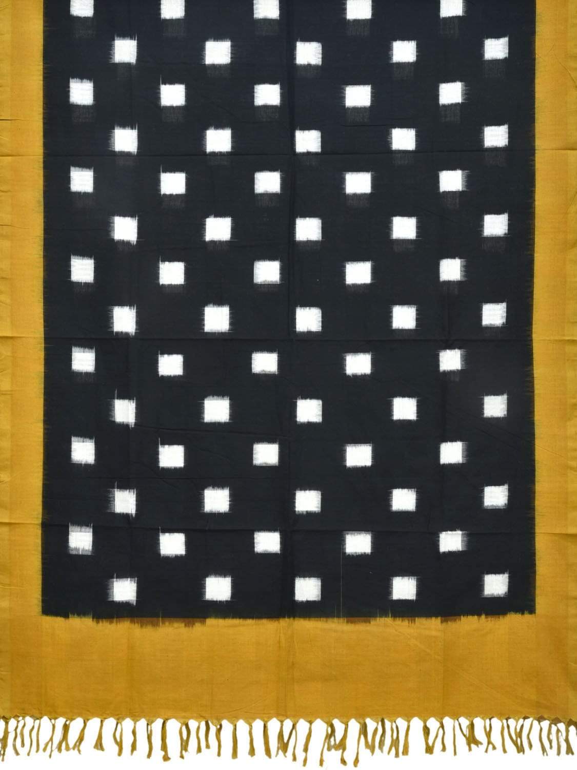 Yellow and Black Pochampally Ikat Cotton Handloom Dupatta with Square Buta Design - Global Threads
