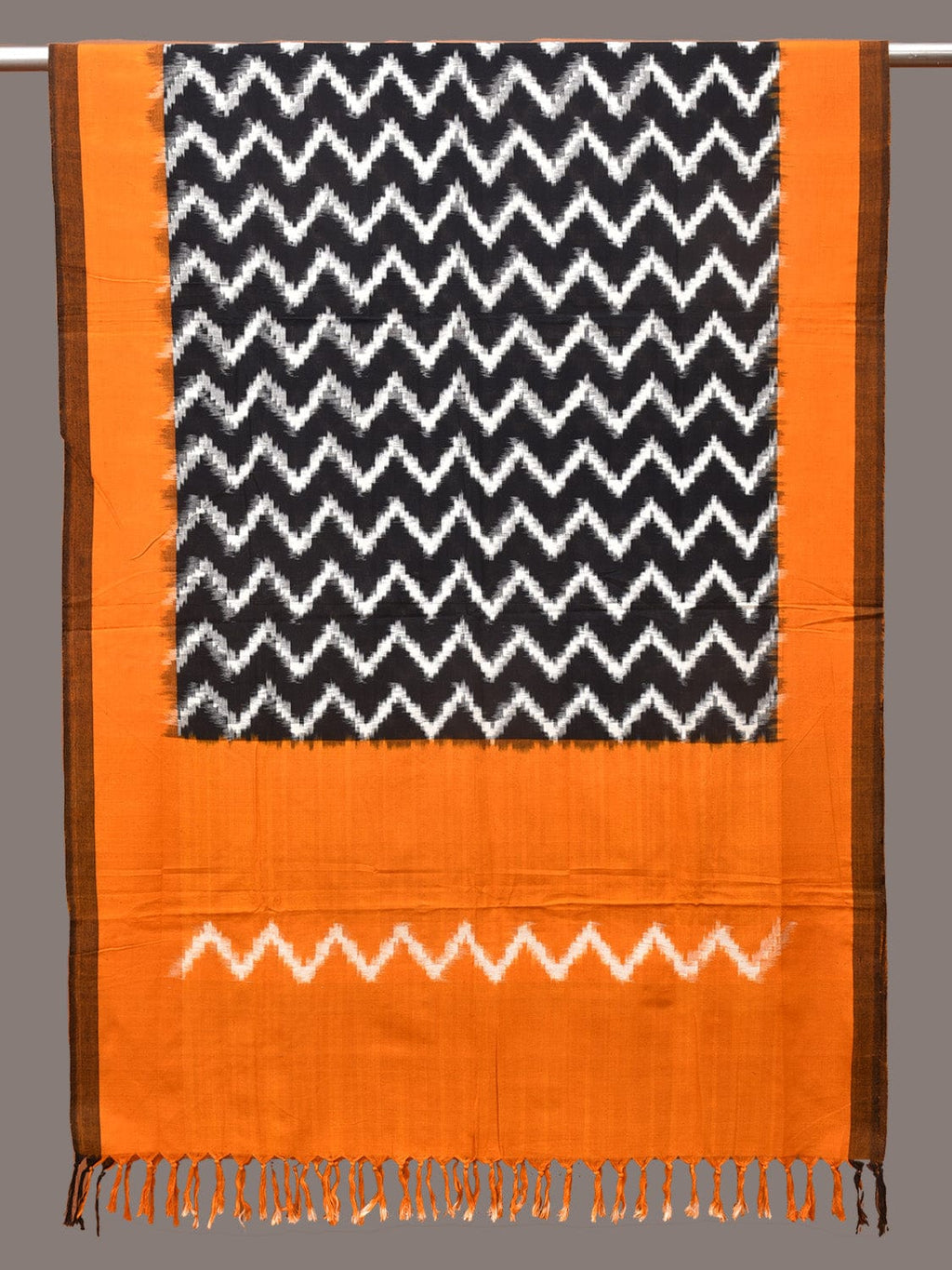 Yellow and Black Pochampally Ikat Cotton Handloom Dupatta with Zig-Zag Design - Global Threads