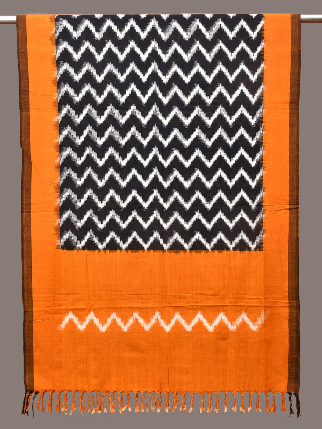 Yellow and Black Pochampally Ikat Cotton Handloom Dupatta with Zig-Zag Design - Global Threads