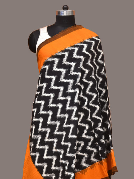 Yellow and Black Pochampally Ikat Cotton Handloom Dupatta with Zig-Zag Design - Global Threads