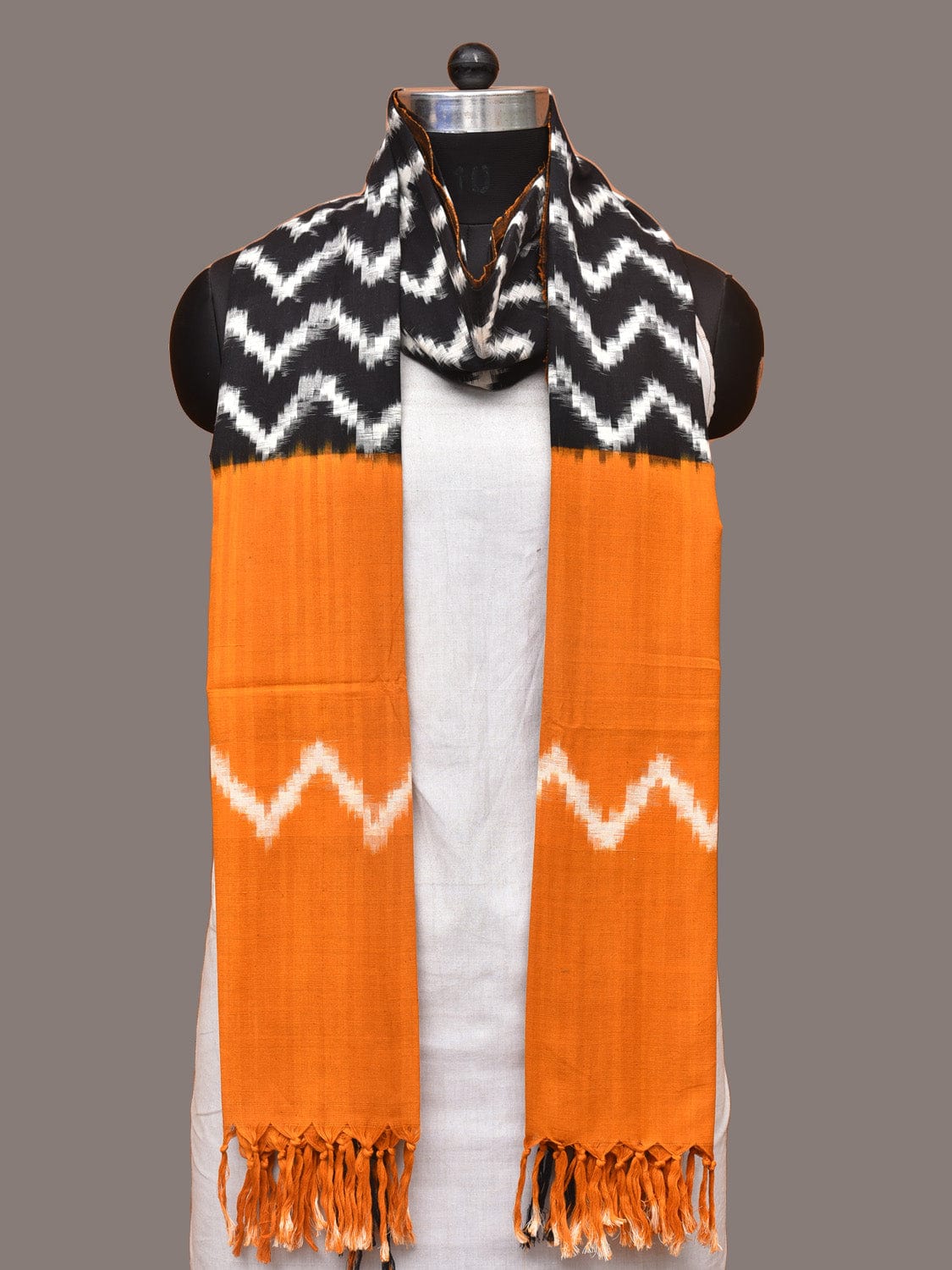 Yellow and Black Pochampally Ikat Cotton Handloom Dupatta with Zig-Zag Design - Global Threads