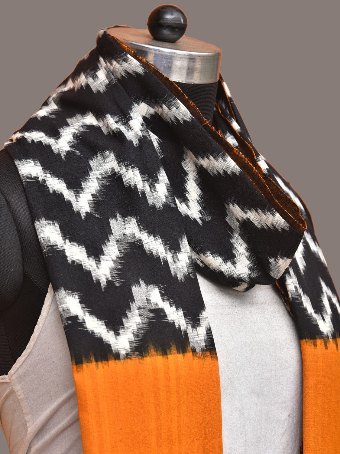 Yellow and Black Pochampally Ikat Cotton Handloom Dupatta with Zig-Zag Design - Global Threads