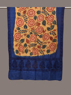Yellow and Blue Kalamkari Hand Painted Cotton Tussar Cotton Handloom Dupatta with Floral and Embroidery Design - Global Threads