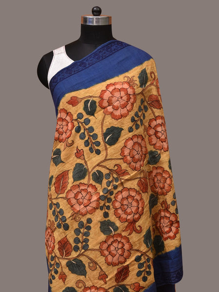Yellow and Blue Kalamkari Hand Painted Cotton Tussar Cotton Handloom Dupatta with Floral and Embroidery Design - Global Threads