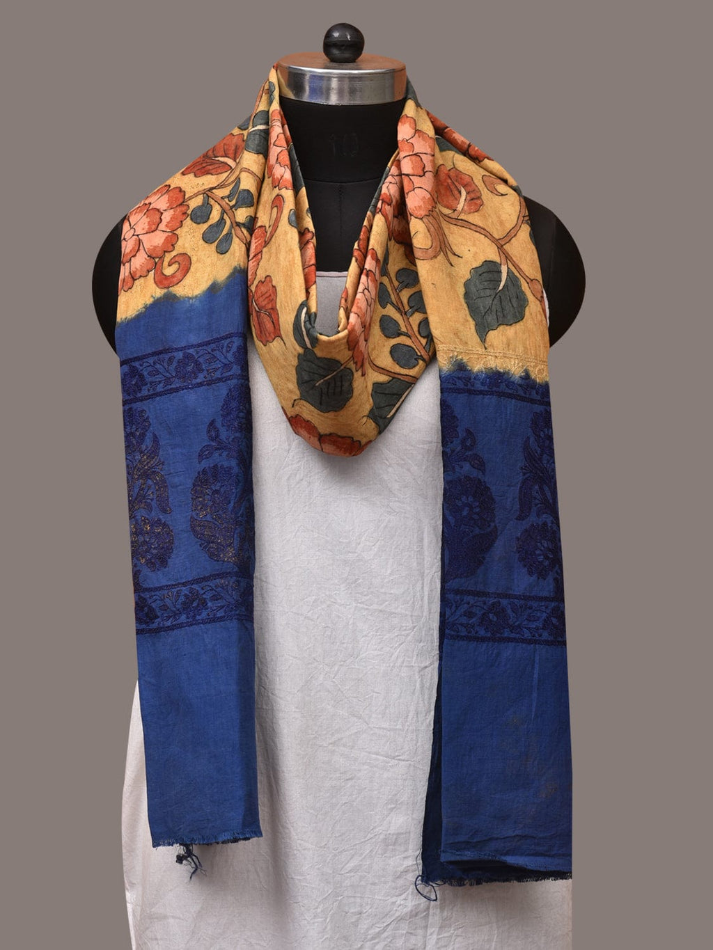 Yellow and Blue Kalamkari Hand Painted Cotton Tussar Cotton Handloom Dupatta with Floral and Embroidery Design - Global Threads
