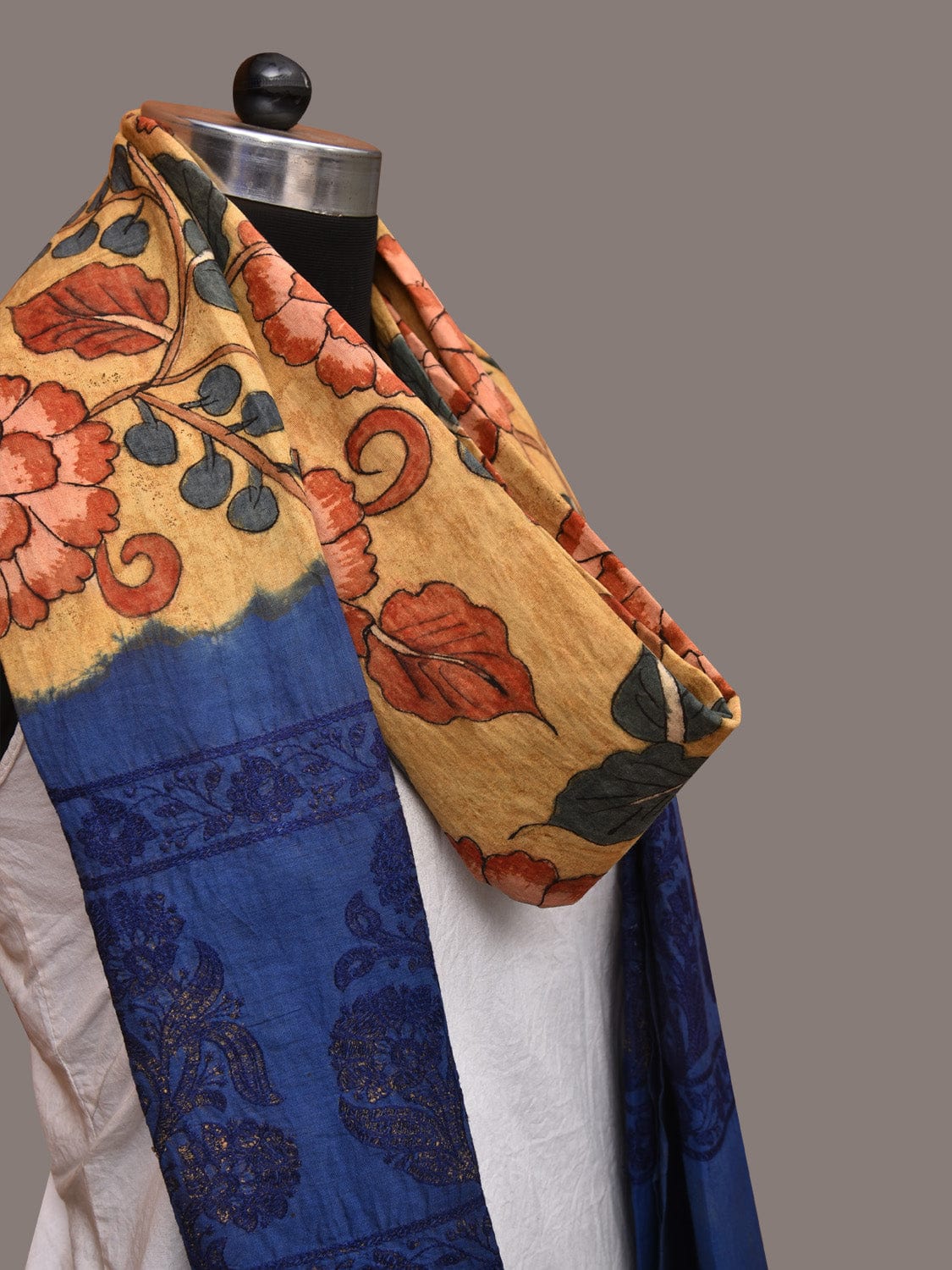 Yellow and Blue Kalamkari Hand Painted Cotton Tussar Cotton Handloom Dupatta with Floral and Embroidery Design - Global Threads