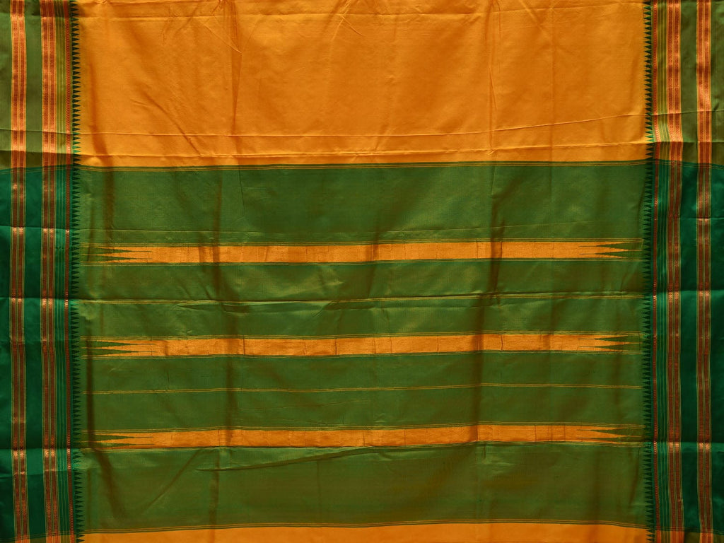 Yellow and Green Narayanpet Silk Handloom Plain Saree with Traditional Border Design No Blouse - Global Threads