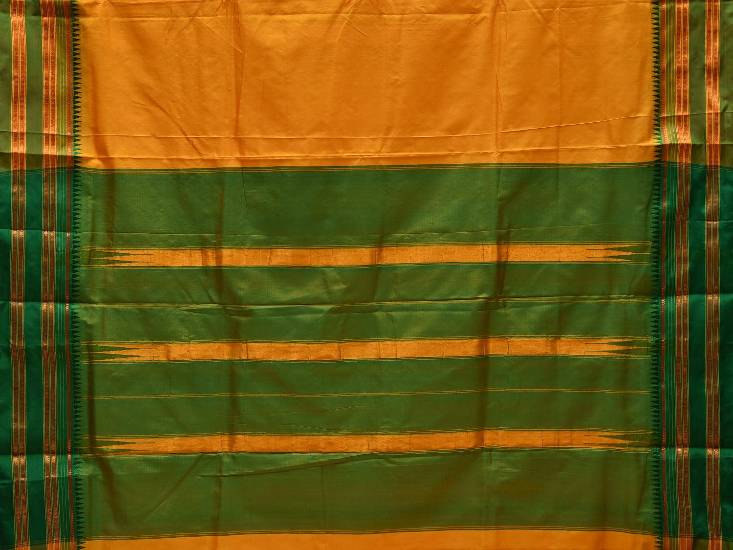 Yellow and Green Narayanpet Silk Handloom Plain Saree with Traditional Border Design No Blouse - Global Threads