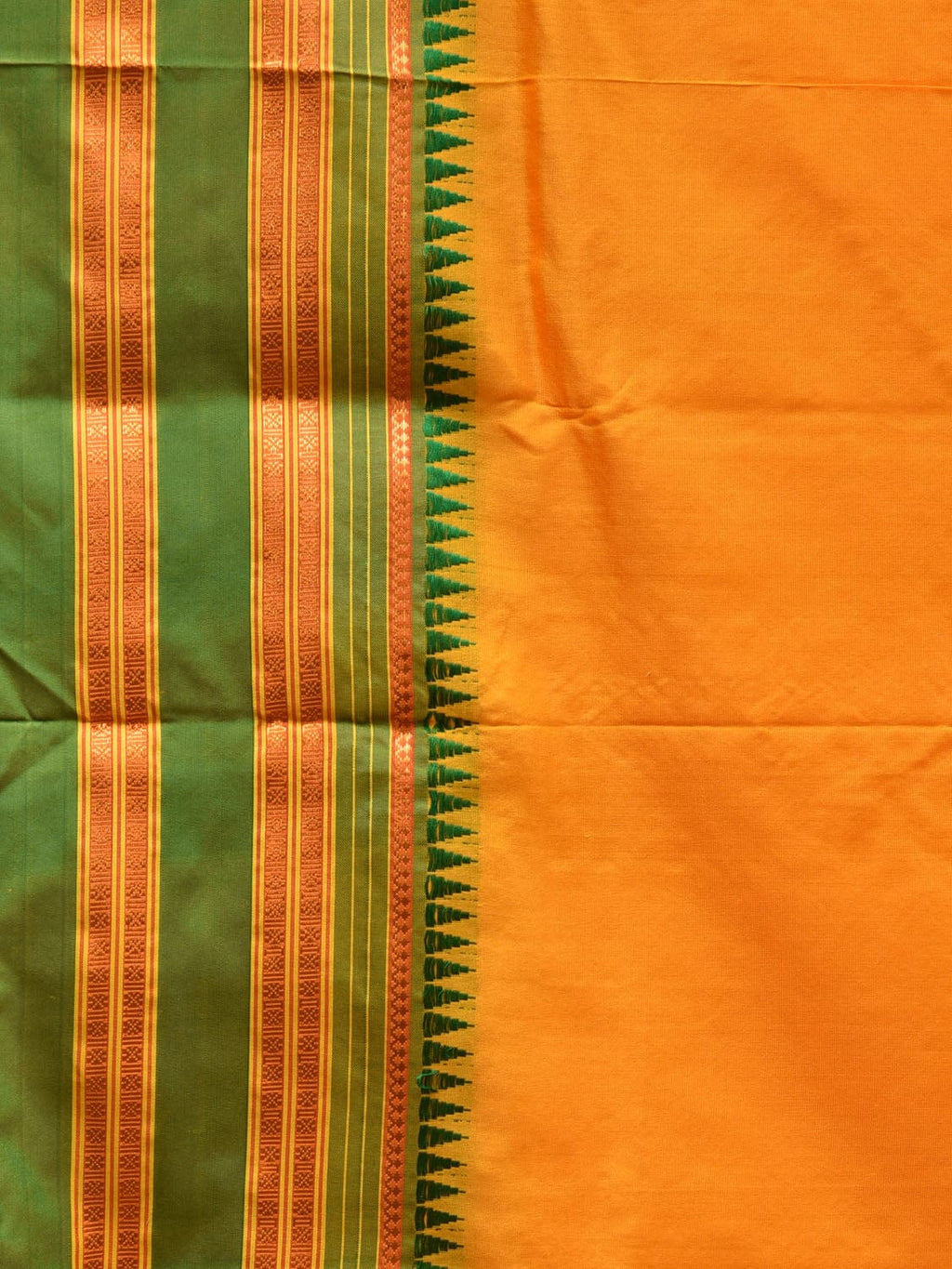 Yellow and Green Narayanpet Silk Handloom Plain Saree with Traditional Border Design No Blouse - Global Threads