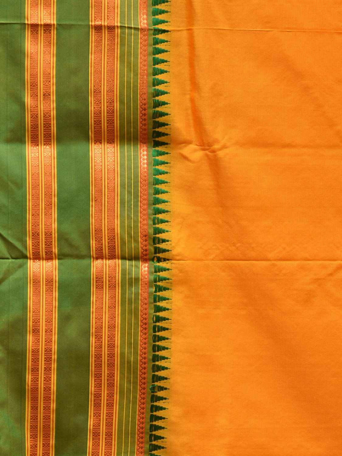Yellow and Green Narayanpet Silk Handloom Plain Saree with Traditional Border Design No Blouse - Global Threads