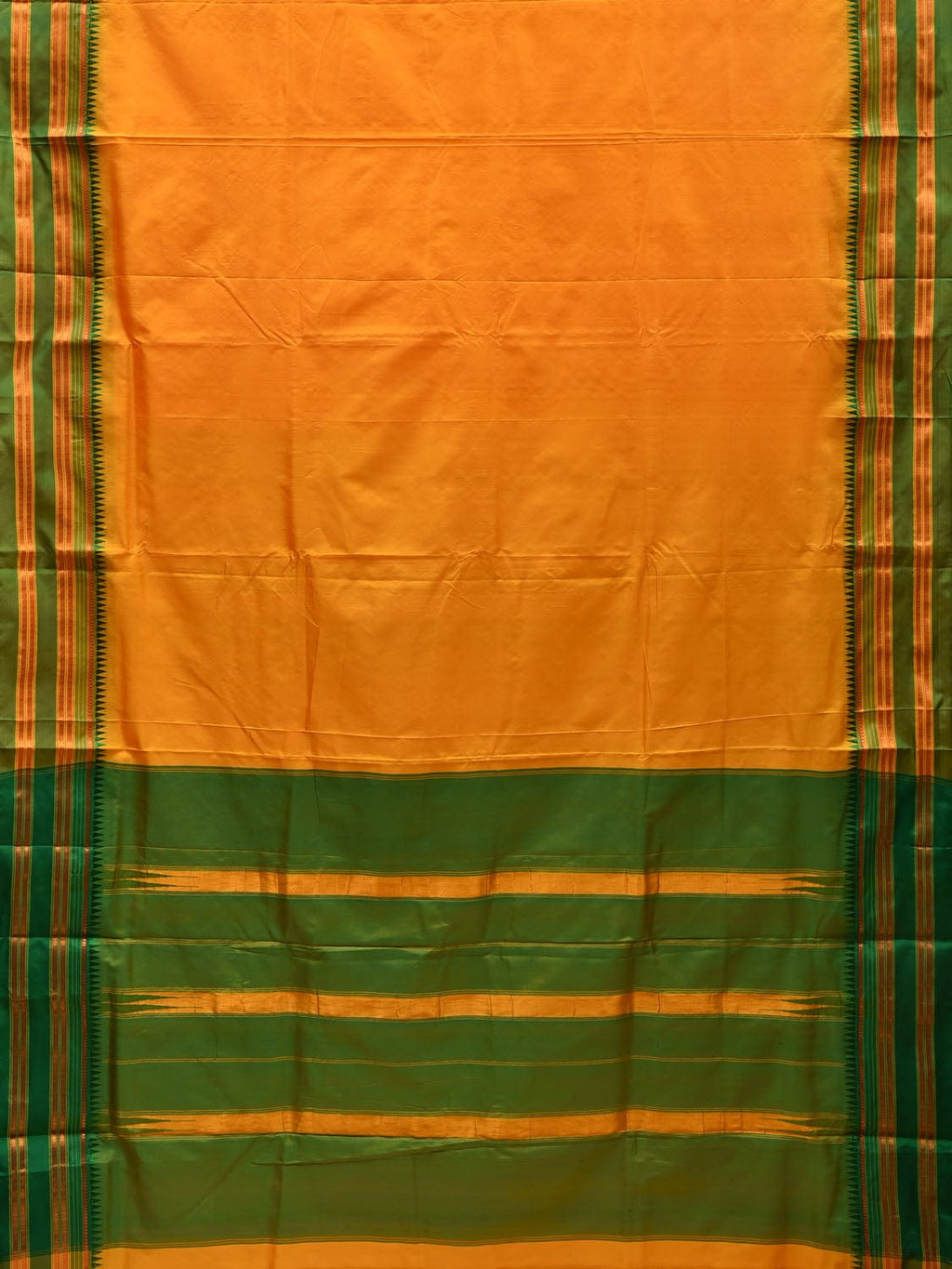 Yellow and Green Narayanpet Silk Handloom Plain Saree with Traditional Border Design No Blouse - Global Threads