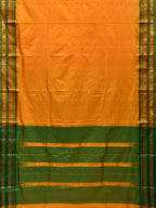Yellow and Green Narayanpet Silk Handloom Plain Saree with Traditional Border Design No Blouse - Global Threads