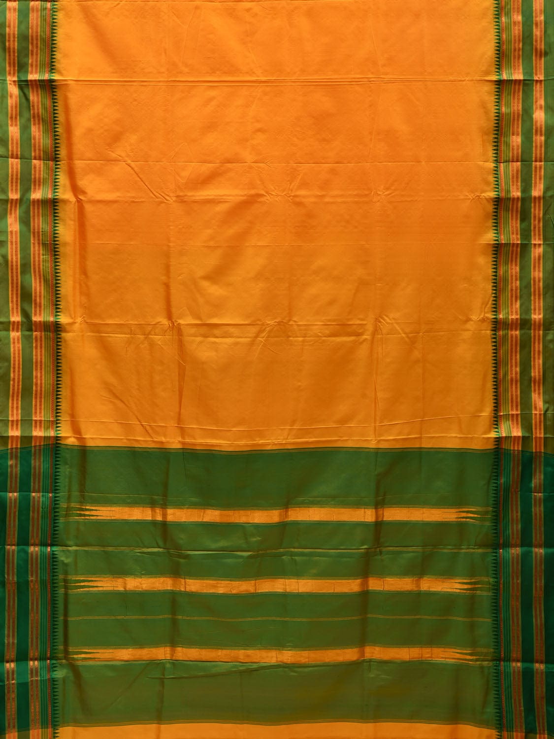 Yellow and Green Narayanpet Silk Handloom Plain Saree with Traditional Border Design No Blouse - Global Threads