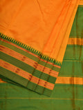 Yellow and Green Narayanpet Silk Handloom Plain Saree with Traditional Border Design No Blouse - Global Threads