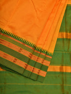 Yellow and Green Narayanpet Silk Handloom Plain Saree with Traditional Border Design No Blouse - Global Threads