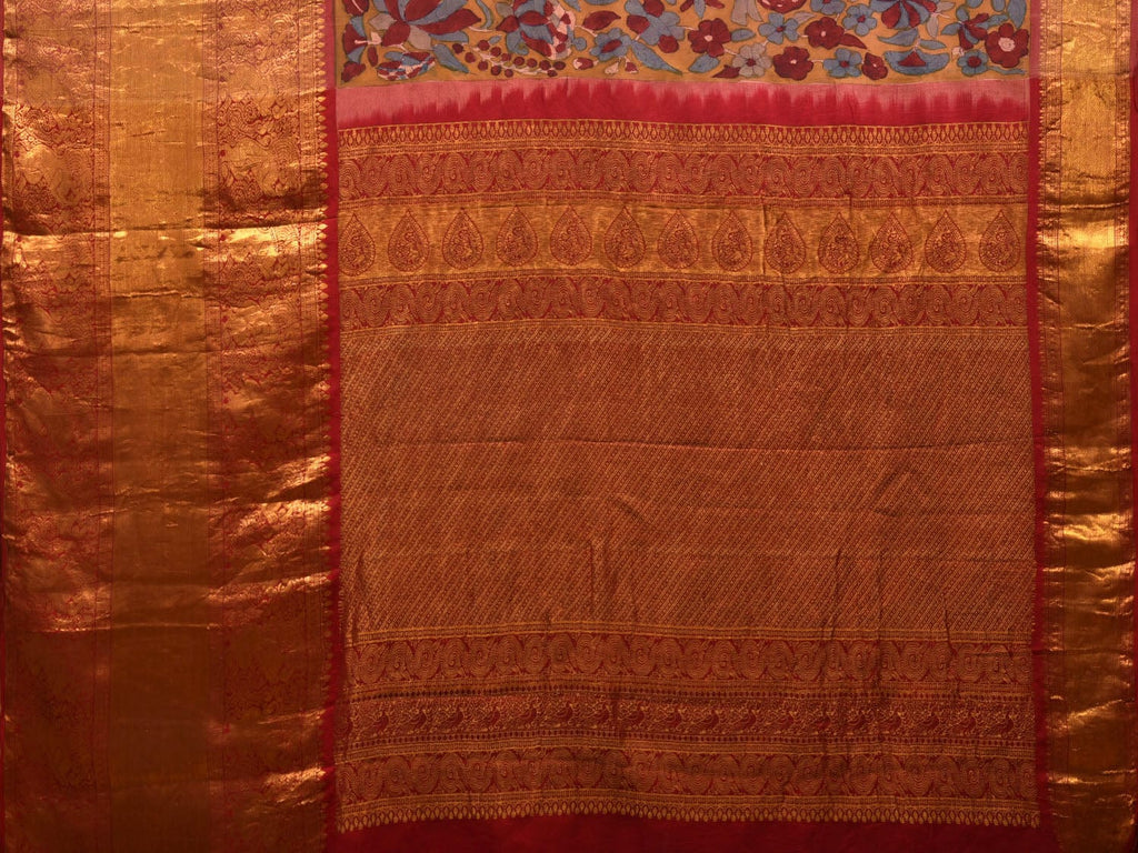 Yellow and Red Kalamkari Hand Painted Kanchipuram Silk Handloom Saree with Floral Design - Global Threads