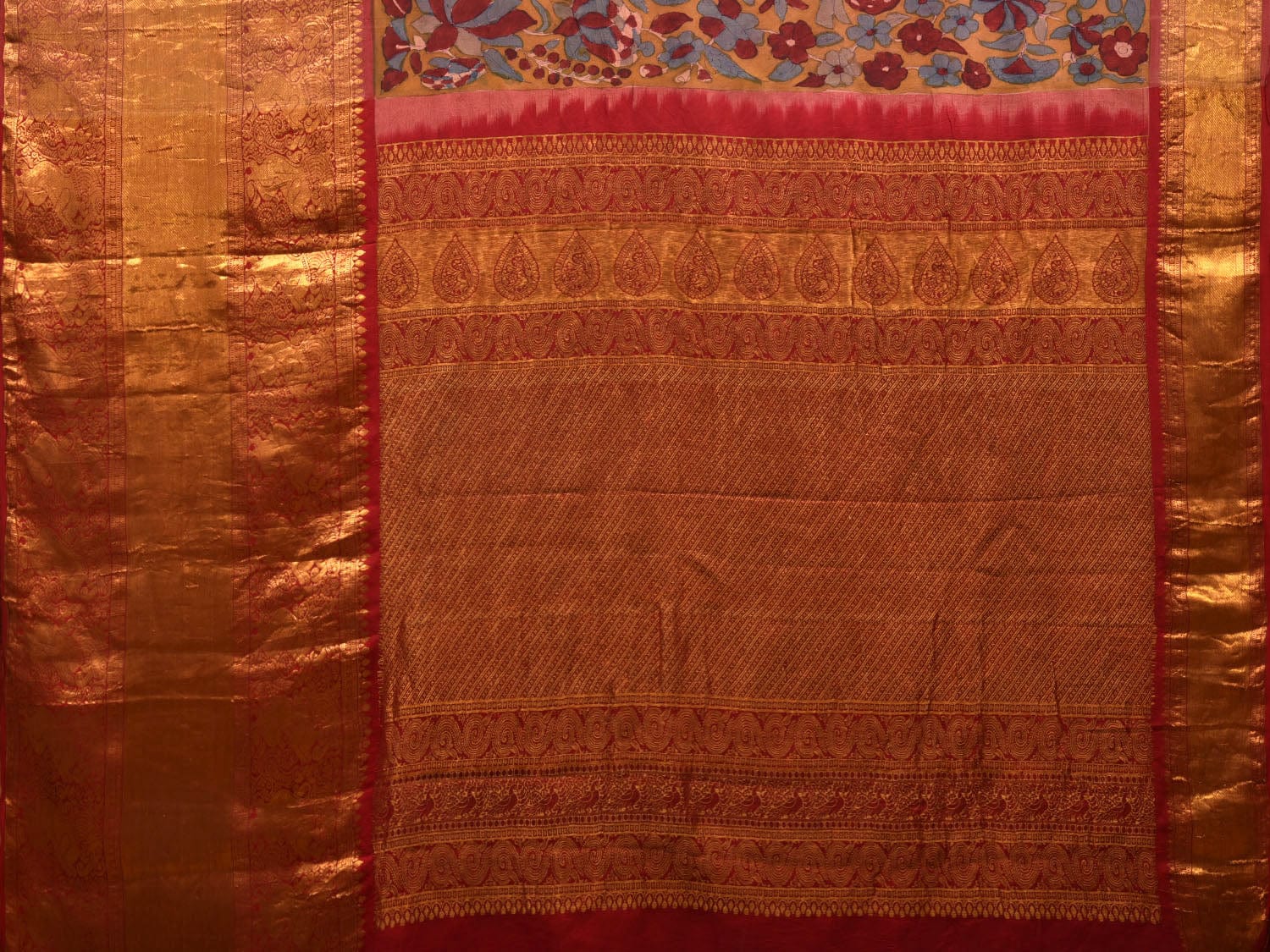 Yellow and Red Kalamkari Hand Painted Kanchipuram Silk Handloom Saree with Floral Design - Global Threads