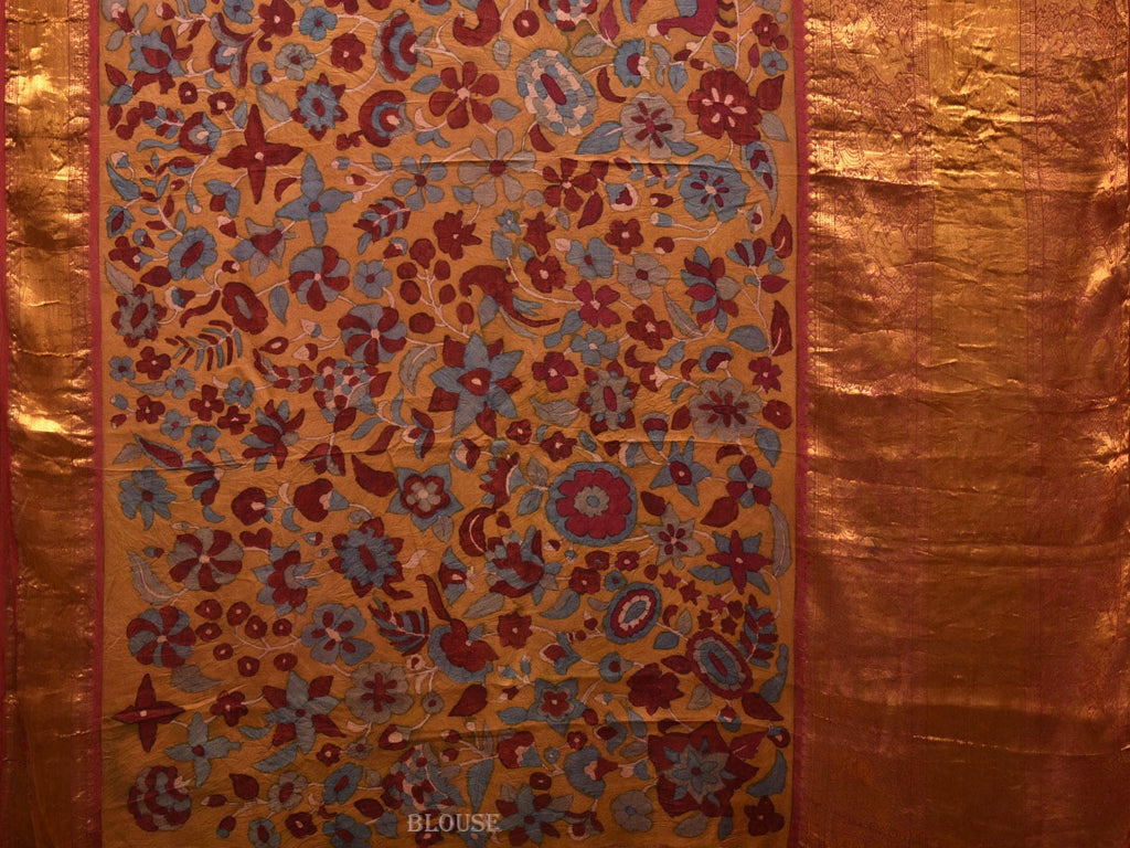 Yellow and Red Kalamkari Hand Painted Kanchipuram Silk Handloom Saree with Floral Design - Global Threads