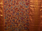 Yellow and Red Kalamkari Hand Painted Kanchipuram Silk Handloom Saree with Floral Design - Global Threads