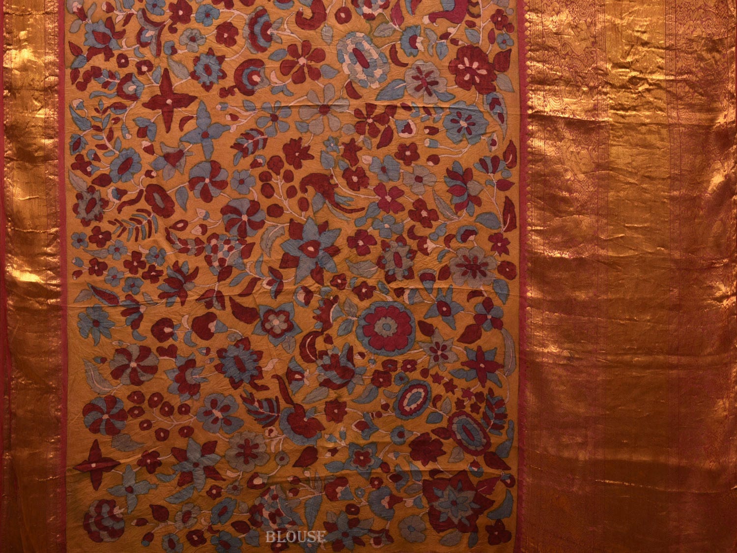 Yellow and Red Kalamkari Hand Painted Kanchipuram Silk Handloom Saree with Floral Design - Global Threads