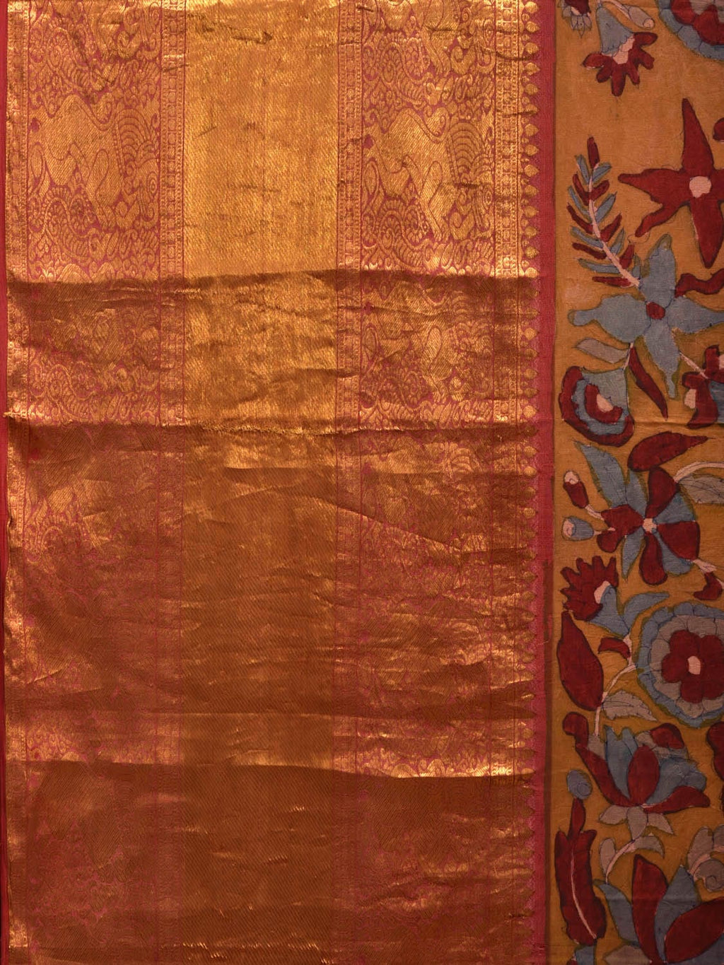 Yellow and Red Kalamkari Hand Painted Kanchipuram Silk Handloom Saree with Floral Design - Global Threads