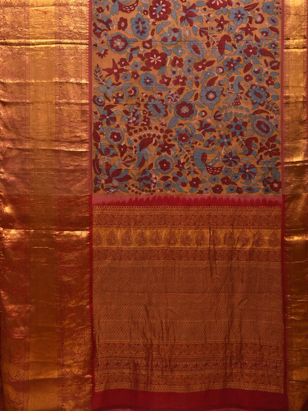 Yellow and Red Kalamkari Hand Painted Kanchipuram Silk Handloom Saree with Floral Design - Global Threads