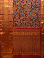 Yellow and Red Kalamkari Hand Painted Kanchipuram Silk Handloom Saree with Floral Design - Global Threads