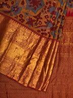 Yellow and Red Kalamkari Hand Painted Kanchipuram Silk Handloom Saree with Floral Design - Global Threads