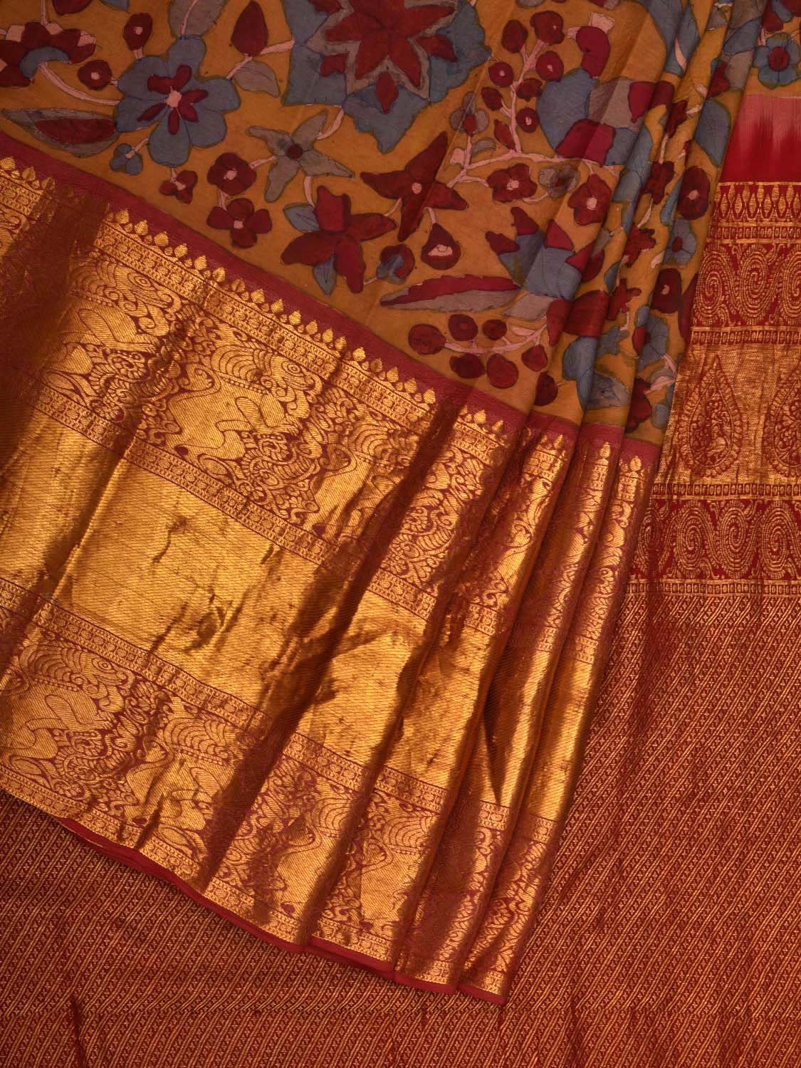 Yellow and Red Kalamkari Hand Painted Kanchipuram Silk Handloom Saree with Floral Design - Global Threads