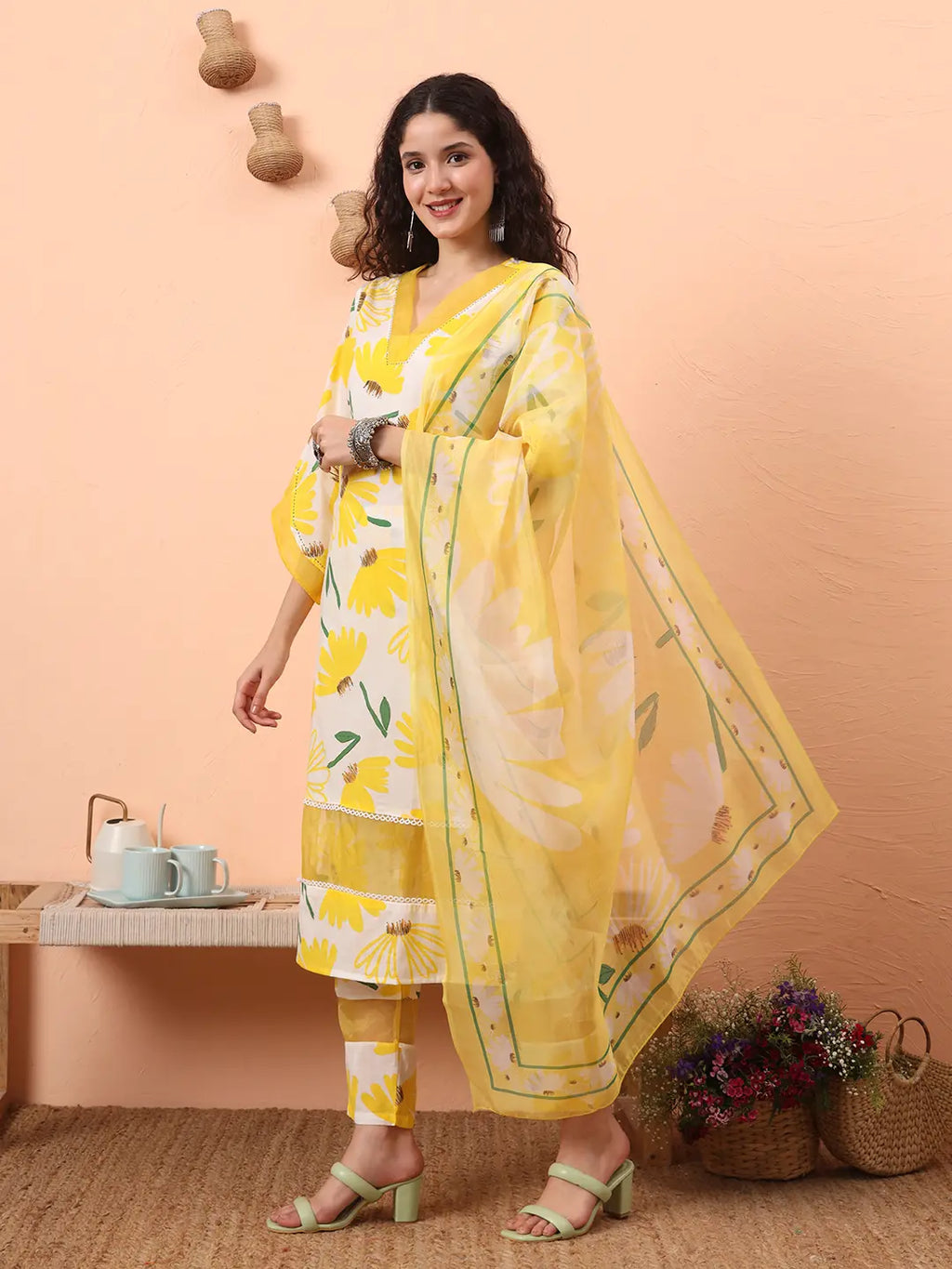 Yufta Yellow And White Floral Kantha Work Straight Kurta Trouser Dupatta Set