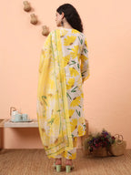 Yufta Yellow And White Floral Kantha Work Straight Kurta Trouser Dupatta Set